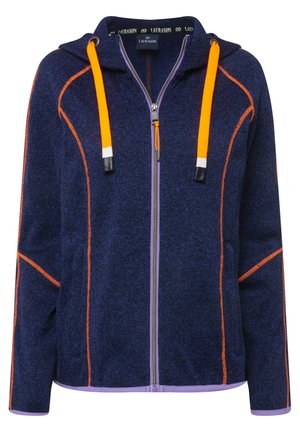 Navy blue zip-up hoodie with orange and purple accents, featuring a hood and contrasting stitching along the seams and pockets.