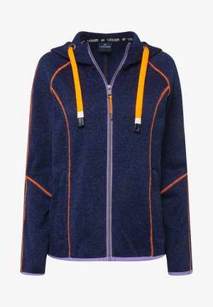 Felpa con zip di colore blu navy con accenti arancioni e viola, dotata di cappuccio e cuciture a contrasto lungo le cuciture e le tasche.