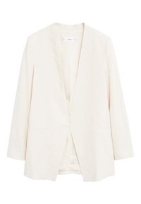 Krémový blazer s V-výstřihem, otevřeným předním dílem a dlouhými rukávy. Obsahuje boční kapsy a hladkou, lehkou tkaninu.
