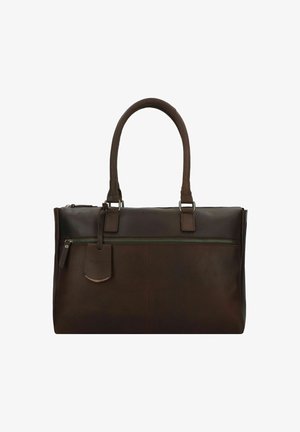 Sac à main en cuir brun foncé avec poignées doubles, poche zippée à l'avant et étiquette de bagages. Texture lisse et design rectangulaire élégant.