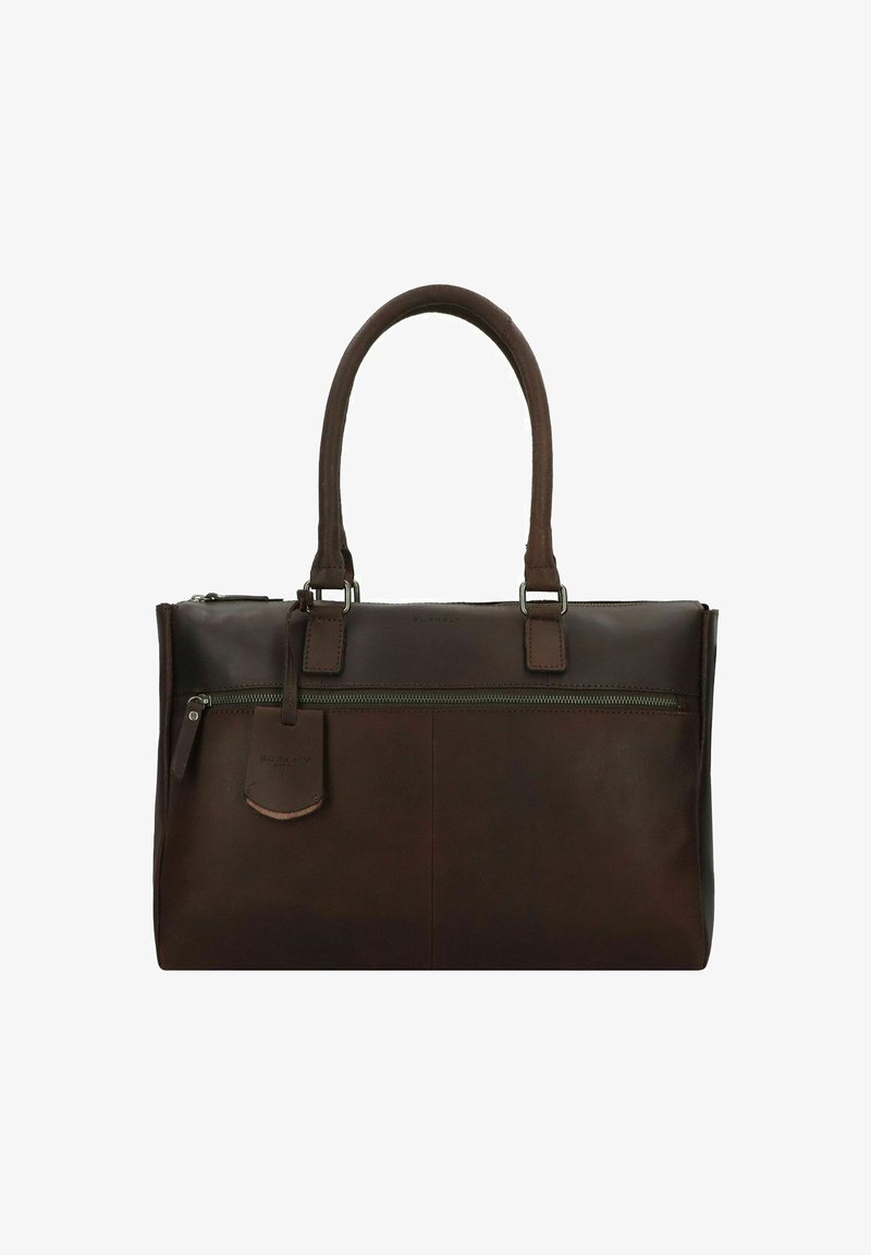 Donkere chocoladebruine leren handtas met dubbele handvaten, een voorvak met rits en een bagagetag. Glad textuur en stijlvolle rechthoekige vorm.