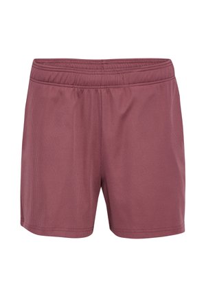 Bordeauxfarvede shorts med en glat tekstur, elastisk taljebånd og subtilt vertikalt ribbet design. Ingen lommer eller synlige metaldele.