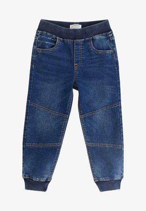 Denim-Jogginghosen mit blauer Waschung, elastischem Bund, zwei Vordertragen und ausgeprägtem nahtübergang entlang der Beine.