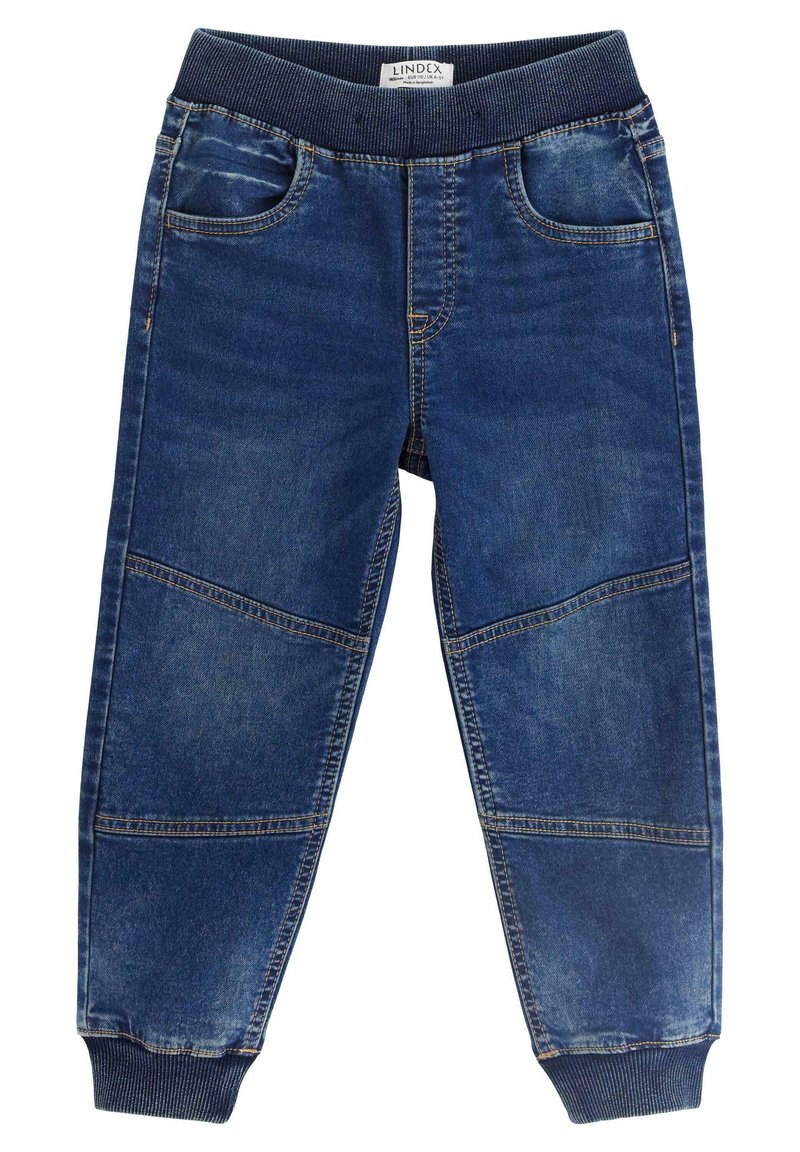 Joggers in denim con lavaggio blu, cintura elasticizzata, due tasche frontali e cuciture a pannello distintive lungo le gambe.
