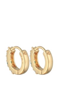 Guldprickiga hoopörhängen med en slät design, små texturerade detaljer och subtila turkosa insatser på de inre kanterna.