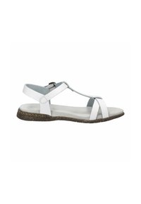 White leather sandals with a minimalist design, featuring two straps over the foot, a back strap, and a light brown textured sole.