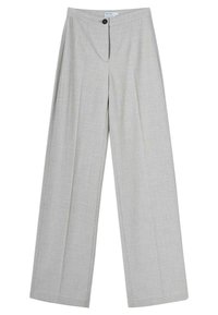 Jasnoszare, w kratę spodnie typu wide-leg z przednim zapięciem na guzik i zamek, z delikatnymi pionowymi plisami.