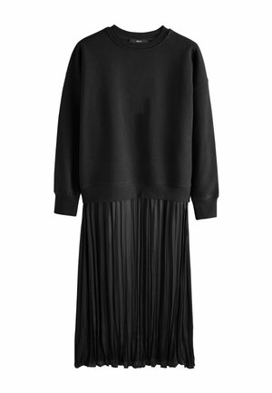 Black dress with a fitted sweatshirt top and a pleated skirt. The top is smooth cotton, while the skirt features a textured, flowing design.