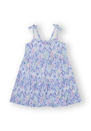 Vestido ligero con un patrón de diamantes en tonos pastel de azul, rosa y verde. Tirantes ajustables con adornos de lazo, diseño de falda acampanada.