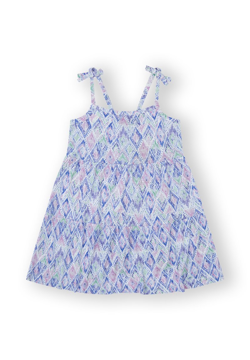 Vestido ligero con un patrón de diamantes en tonos pastel de azul, rosa y verde. Tirantes ajustables con adornos de lazo, diseño de falda acampanada.