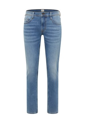 Niebieskie dżinsy o średnim stanie i prostych nogawkach, z przednimi i tylnymi kieszeniami, zapięciem na guziki oraz subtelnym wyblakłym wzorem na udach i kolanach.