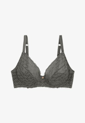 Soutien-gorge en dentelle grise avec une forme triangulaire. Il présente des motifs complexes, des bretelles réglables et un petit détail en métal décoratif au centre.