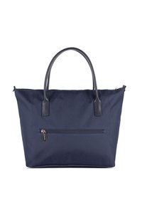 Borsa a spalla blu navy con doppie maniglie arrotondate, realizzata in tessuto resistente, dotata di una tasca frontale con zip e dettagli di cucitura.