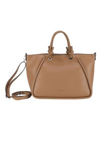 Vaaleanruskea nahkainen käsilaukku, jossa on kaksi yläkahvaa ja säädettävä olkahihna. Koristeena solmittuja yksityiskohtia ja hopeisia varusteita. Sujuva, rakenteellinen muotoilu.