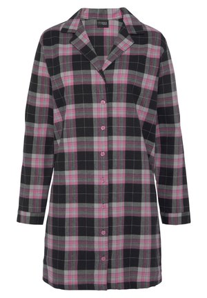 Plaid shirt dress with a black, gray, and pink color scheme. Features long sleeves, a collar, button closure, and a relaxed fit.