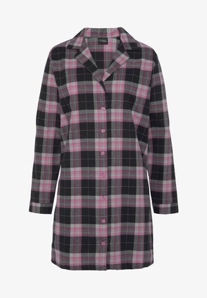 Plaid shirt dress with a black, gray, and pink color scheme. Features long sleeves, a collar, button closure, and a relaxed fit.