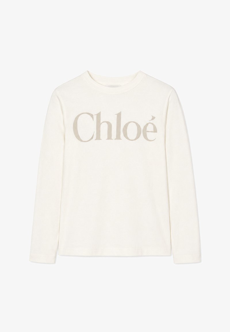 Camicia bianca a maniche lunghe con scollo rotondo e logo beige "Chloé" centrato sul petto.