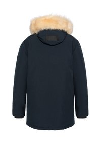 Marineblauwe parka jas met een afneembare lichte bontkraag, lange mouwen en een rechte snit met een gladde textuur.