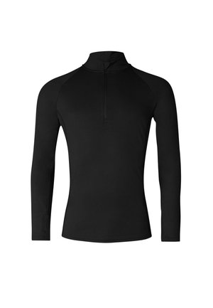 Maglia nera a maniche lunghe con collo alto e zip a mezza lunghezza. Realizzata in tessuto liscio ed elastico, con maniche raglan e senza motivi visibili.