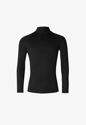 Maglia nera a maniche lunghe con collo alto e zip a mezza lunghezza. Realizzata in tessuto liscio ed elastico, con maniche raglan e senza motivi visibili.