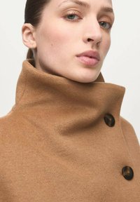 Abrigo entallado con cuello alto en suave tela marrón, con dos grandes botones oscuros. Textura lisa con detalles de diseño mínimos.