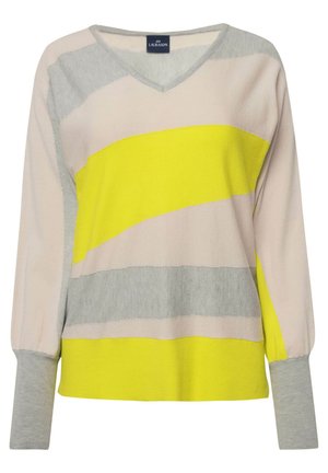 Lehký pletený svetr s výstřihem do V, zdobený velkými geometrickými pruhy v šedé, světle růžové a jasně žluté barvě. Hribované manžety a lem.