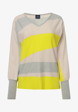 Lehký pletený svetr s výstřihem do V, zdobený velkými geometrickými pruhy v šedé, světle růžové a jasně žluté barvě. Hribované manžety a lem.