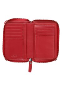 Red leather wallet with a zip closure and multiple card slots. Features smooth texture and white stitching details. Compact design.