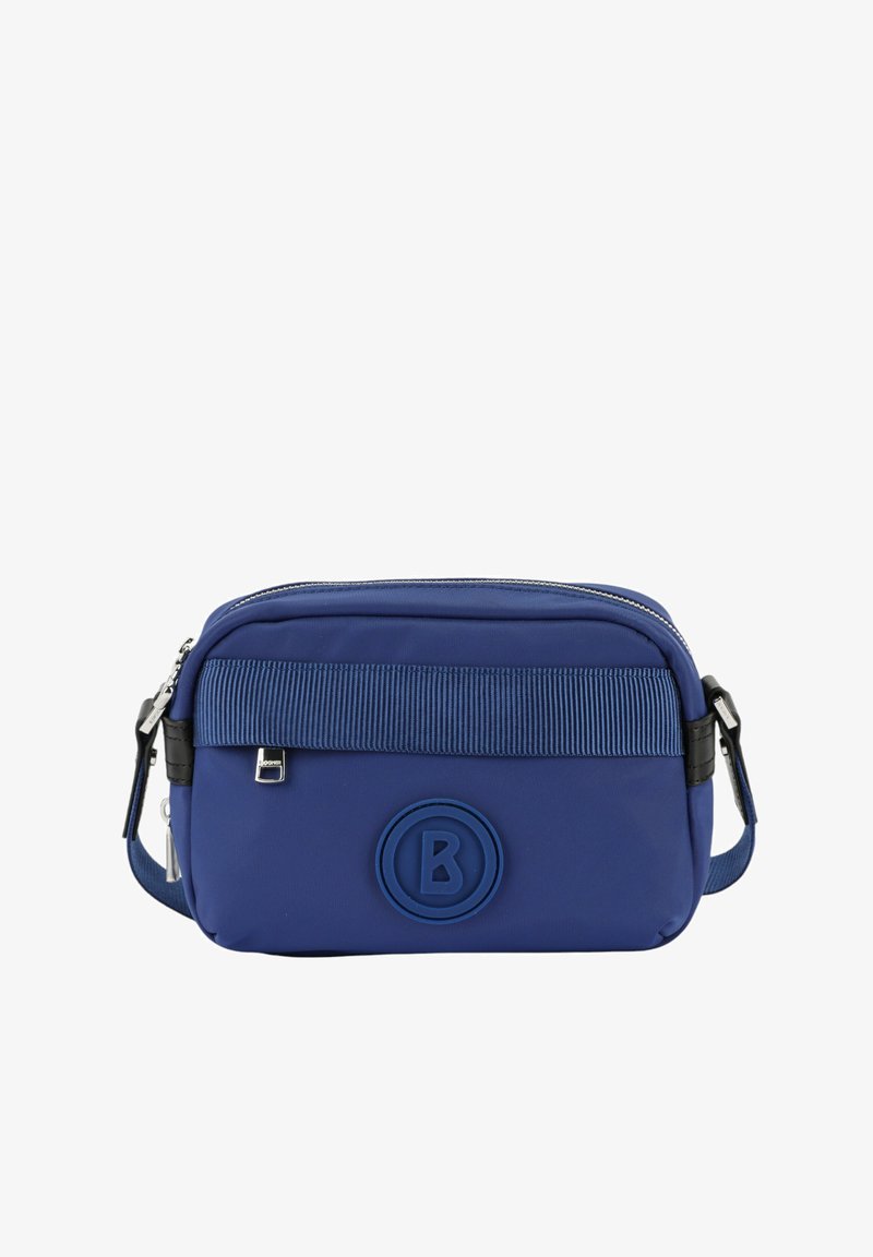 Borsa a tracolla blu in nylon con una texture liscia, chiusura con zip e una fascia ribassata orizzontale. Presenta un logo circolare e una tracolla regolabile.