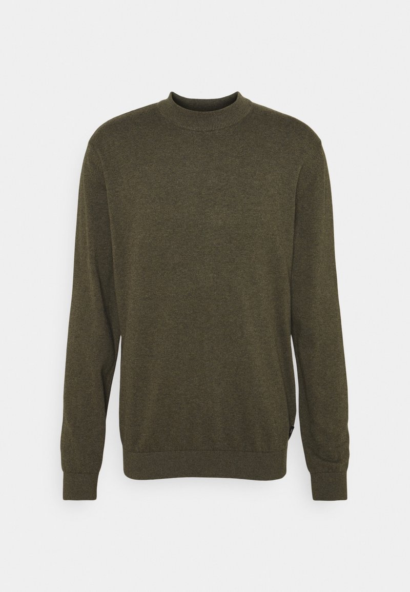 Pull à col rond à manches longues, vert olive, avec poignets et ourlet côtelés, présenté sur un fond clair uni.