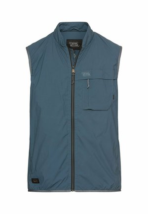 Mouwloos vest van donkerblauwe stof met een rits aan de voorkant, borstzak en grijze accenten, met een gladde textuur en lichtgewicht ontwerp.