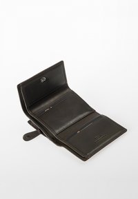 Black leather wallet with multiple card slots, a snap closure, and smooth texture. Features a logo embossed on the exterior. Open design.