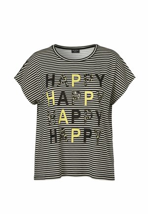 Schwarz-weiß gestreiftes Kurzarmhemd mit wiederholtem "HAPPY"-Text in schwarzen, gelben und Leopardenmuster-Buchstaben auf der Vorderseite.