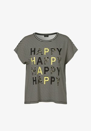 Black and white striped short-sleeve shirt with repeated "HAPPY" text in black, yellow, and leopard print letters on the front.