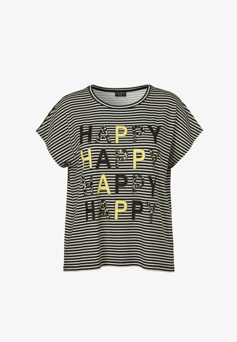 Schwarz-weiß gestreiftes Kurzarmhemd mit wiederholtem "HAPPY"-Text in schwarzen, gelben und Leopardenmuster-Buchstaben auf der Vorderseite.
