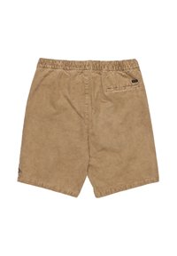 Pantaloni corti in corduroy marroni con cintura elastica, una tasca posteriore e una piccola etichetta con logo vicino all'orlo. Tessuto a coste testurizzato.