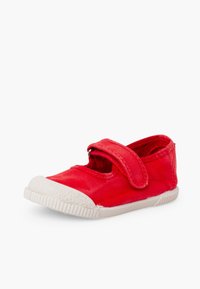 Chaussure en toile rouge pour enfant avec semelle en caoutchouc blanche et bout renforcé, dotée d'une sangle à scratch pour la fixation.
