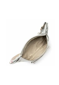 Borsa a mano metallica argento con una texture liscia, chiusura a cerniera e fodera in tessuto beige. L'interno presenta due tasche aperte e nessun motivo.