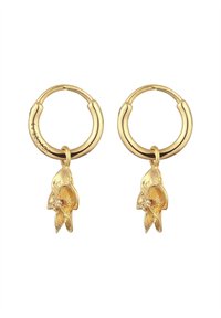 Goldene Creolen mit einem hängenden Orchideenblütendesign. Glatte Oberfläche mit poliertem Finish und detaillierten floralen Akzenten.