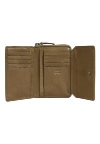 Rjava usnjena denarnica z več žepi za kartice, zadrgo za drobiž in zaščito pred RFID. Gladka textura in minimalističen dizajn.