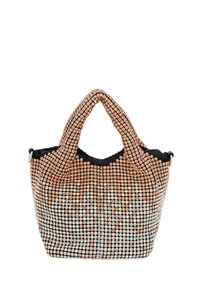Pailletteret håndtaske med et struktureret mønster af sammenflettede roséguld- og sølvperler. Har sorte stofdetaljer og dobbelt håndtag.