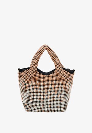 Pailletteret håndtaske med et struktureret mønster af sammenflettede roséguld- og sølvperler. Har sorte stofdetaljer og dobbelt håndtag.