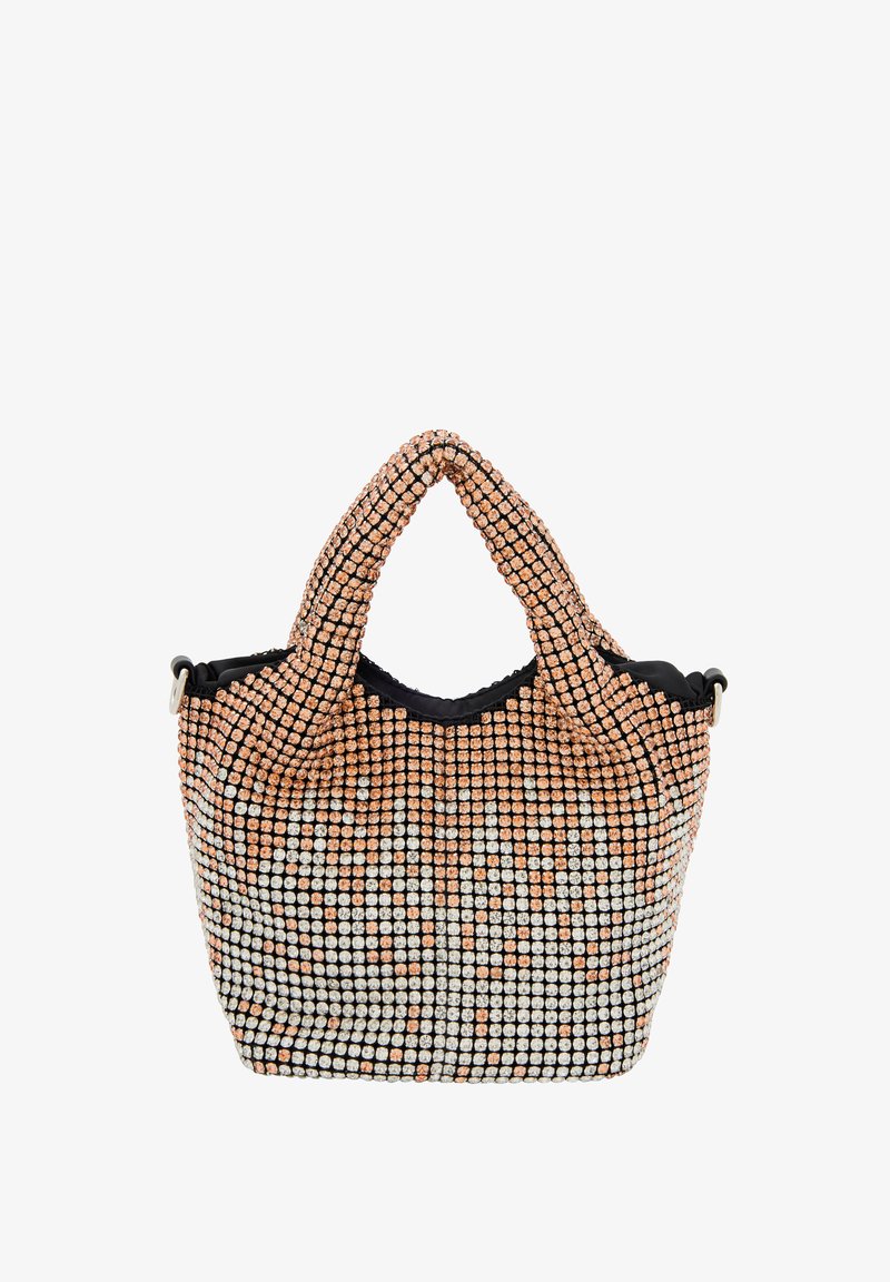 Pailletteret håndtaske med et struktureret mønster af sammenflettede roséguld- og sølvperler. Har sorte stofdetaljer og dobbelt håndtag.