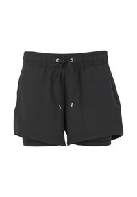 Zwarte sportieve shorts met een elastische tailleband, verstelbaar trekkoord en gouden onderdelen. Bevat een binnenvoering en zijzakken.