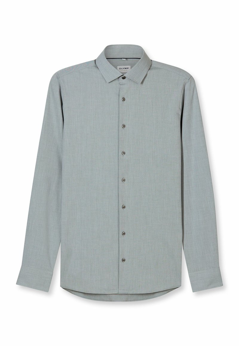 Lichtgrijs overhemd met lange mouwen, gemaakt van een gladde stof. Voorzien van een kraag, knoopsluiting aan de voorkant en een subtiele textuur met zes knopen die in het midden lopen.