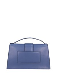 Borsa in pelle blu con una forma strutturata, manico superiore e tasca frontale. Texture liscia con dettagli delle cuciture e design minimalista.
