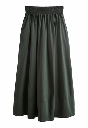 Jupe longue vert foncé avec taille smockée élastique et poches latérales, confectionnée dans un tissu léger avec une silhouette fluide.