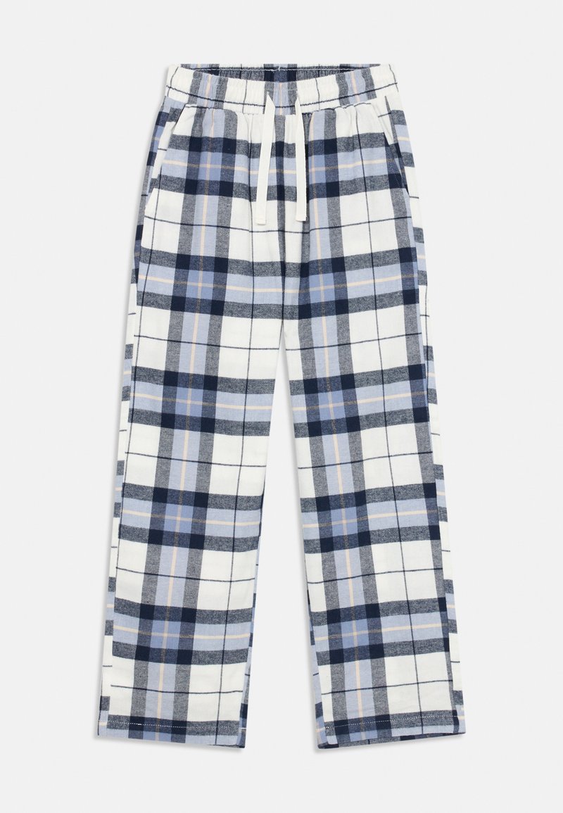 Blaue, graue und weiße karierten Hosen mit einem elastischen Bund und weißem Kordelzug, ausgestattet mit Seitentaschen, auf einem weißen Hintergrund flach ausgelegt.