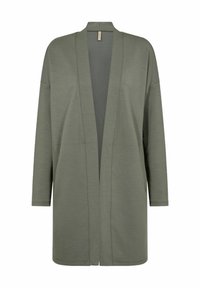 Olive zelený kimono kardigán vyrobený z jemného materiálu, dizajn s otvoreným predným dielom, dlhé rukávy a minimálne švy. Bez zapínania.