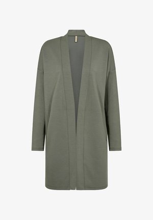 Oliivivihreä kimono-mallinenCardigan, joka on valmistettu pehmeästä kankaasta, avonaisella etuosalla, pitkillä hihoilla ja vähäisillä ompeluyksityiskohdilla. Ei kiinnityksiä.